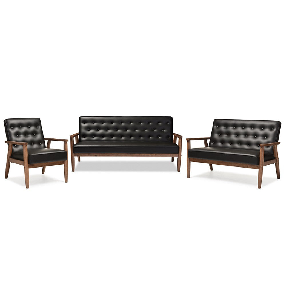 Baxton Studio Sorrento Mid-century Retro Modern Black Faux Leather Upholstered Wooden 3 Piece Living room Set