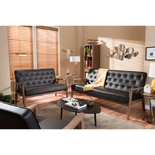 Baxton Studio Sorrento Mid-century Retro Modern Brown Faux Leather Upholstered Wooden 3 Piece Living room Set