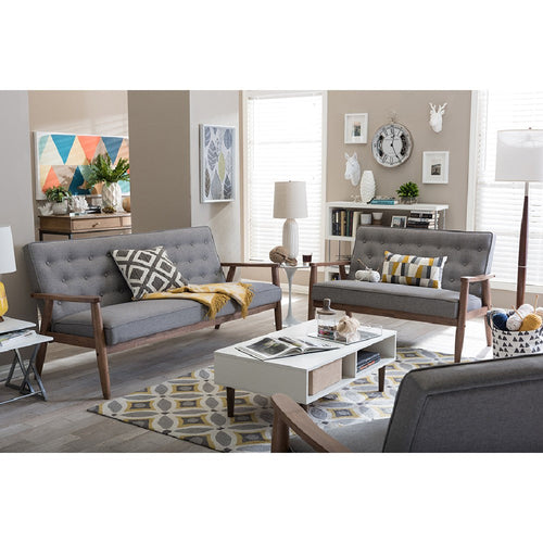 Baxton Studio Sorrento Mid-century Retro Modern Grey Fabric Upholstered Wooden 3 Piece Living room Set
