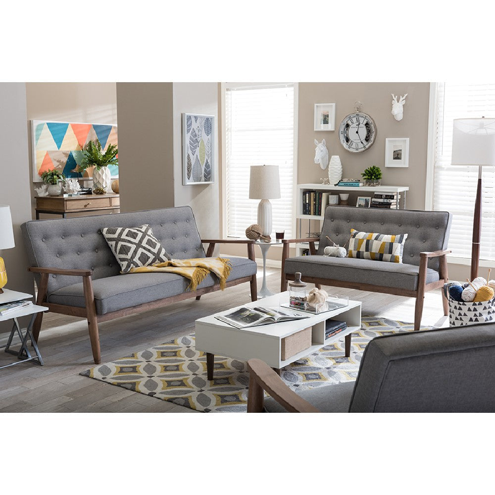 Baxton Studio Sorrento Mid-century Retro Modern Grey Fabric Upholstered Wooden 3 Piece Living room Set