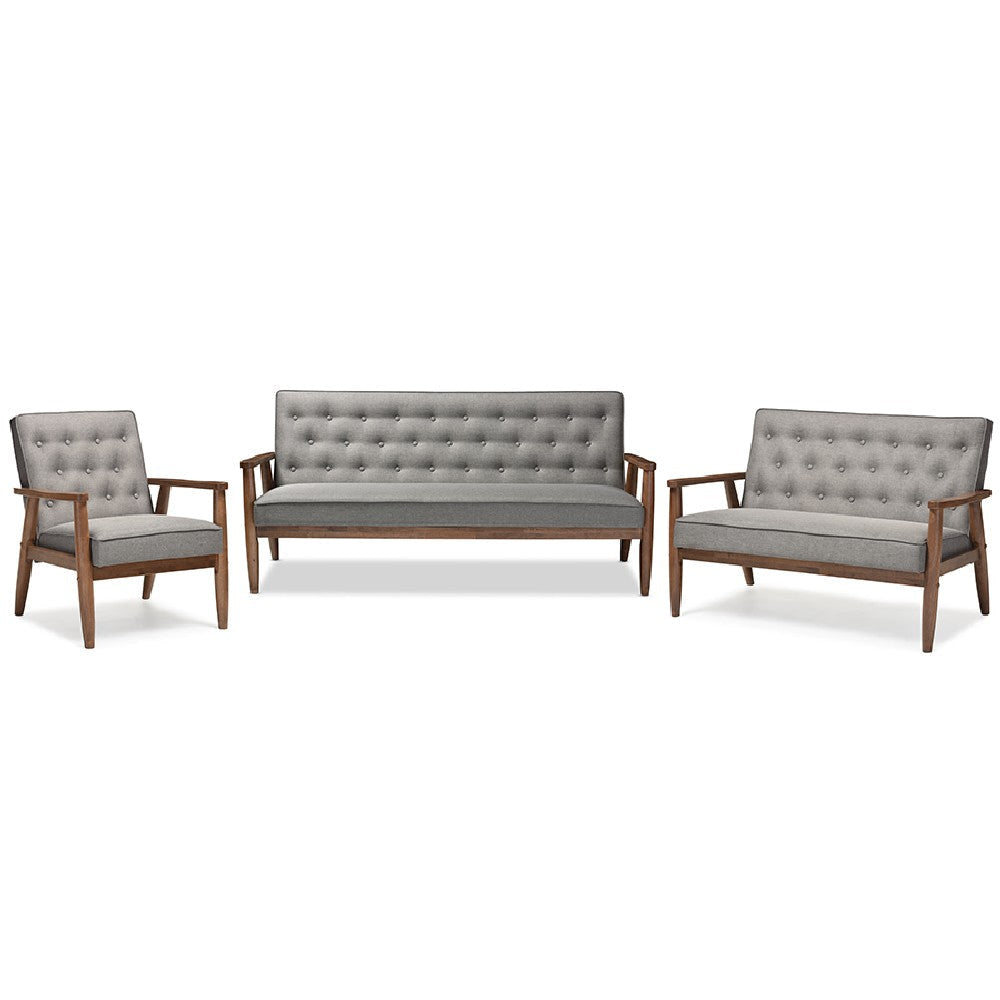Baxton Studio Sorrento Mid-century Retro Modern Grey Fabric Upholstered Wooden 3 Piece Living room Set