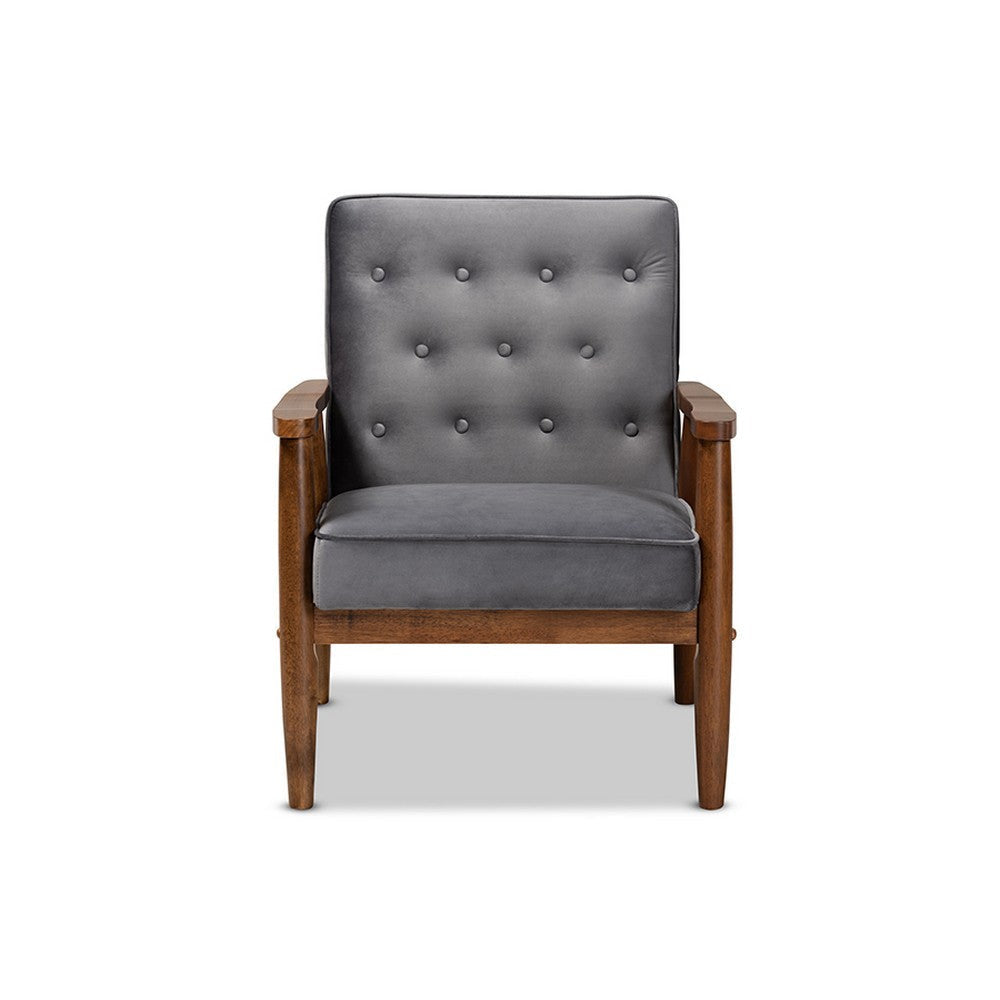 Baxton Studio Sorrento Mid-century Modern Grey Velvet Fabric Upholstered Walnut Finished Wooden Lounge Chair