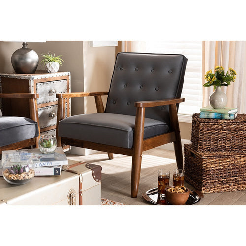 Baxton Studio Sorrento Mid-century Modern Grey Velvet Fabric Upholstered Walnut Finished Wooden Lounge Chair