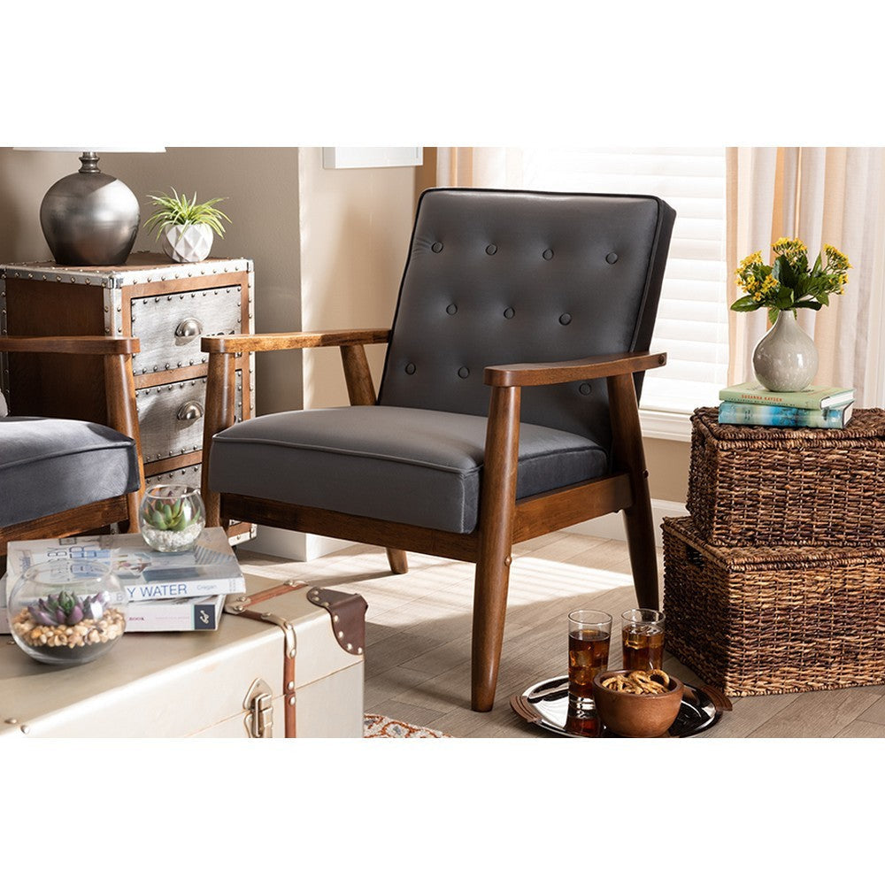 Baxton Studio Sorrento Mid-century Modern Grey Velvet Fabric Upholstered Walnut Finished Wooden Lounge Chair
