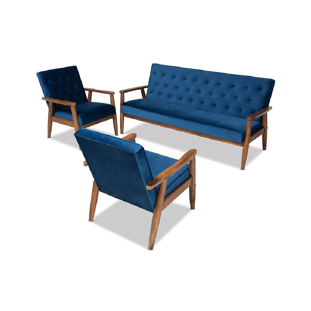Baxton Studio Sorrento Mid-century Modern Navy Blue Velvet Fabric Upholstered Walnut Finished 3-Piece Wooden Living Room Set