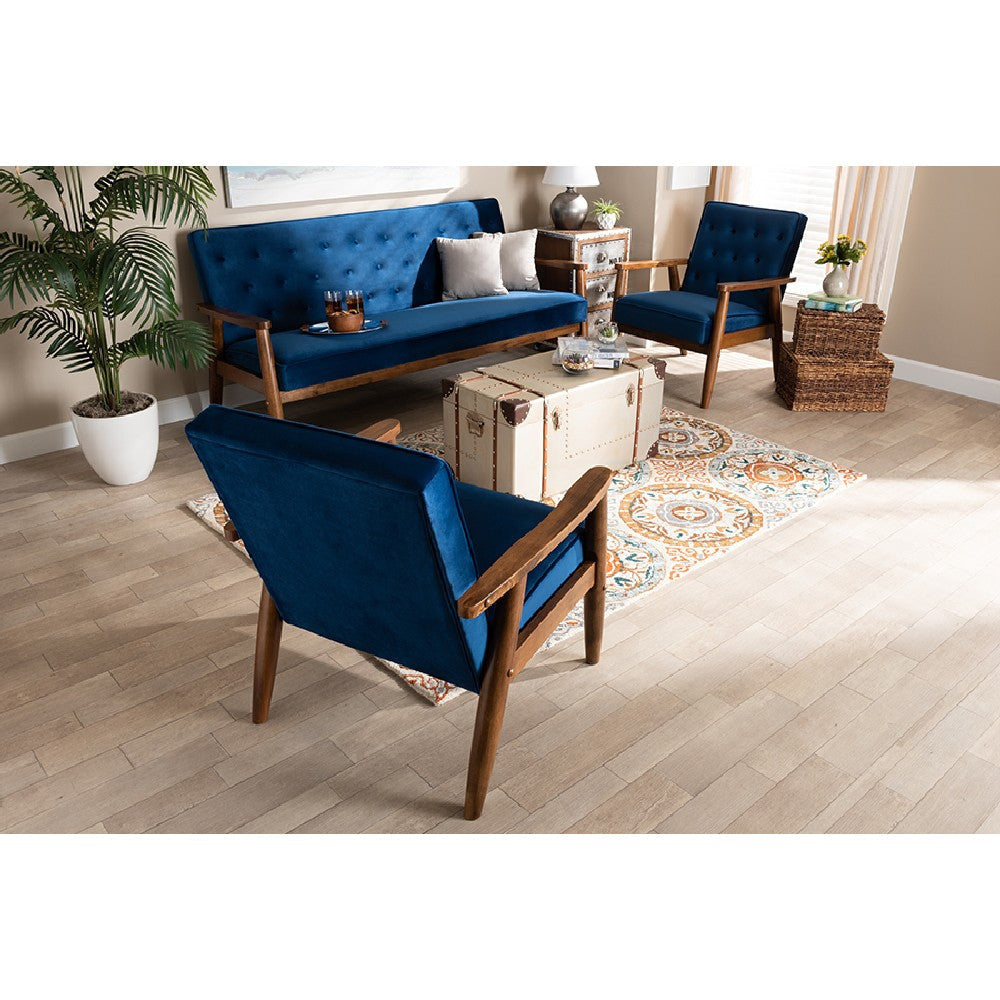 Baxton Studio Sorrento Mid-century Modern Navy Blue Velvet Fabric Upholstered Walnut Finished 3-Piece Wooden Living Room Set