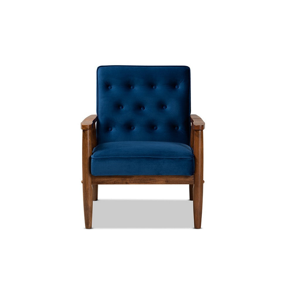 Baxton Studio Sorrento Mid-century Modern Navy Blue Velvet Fabric Upholstered Walnut Finished Wooden Lounge Chair