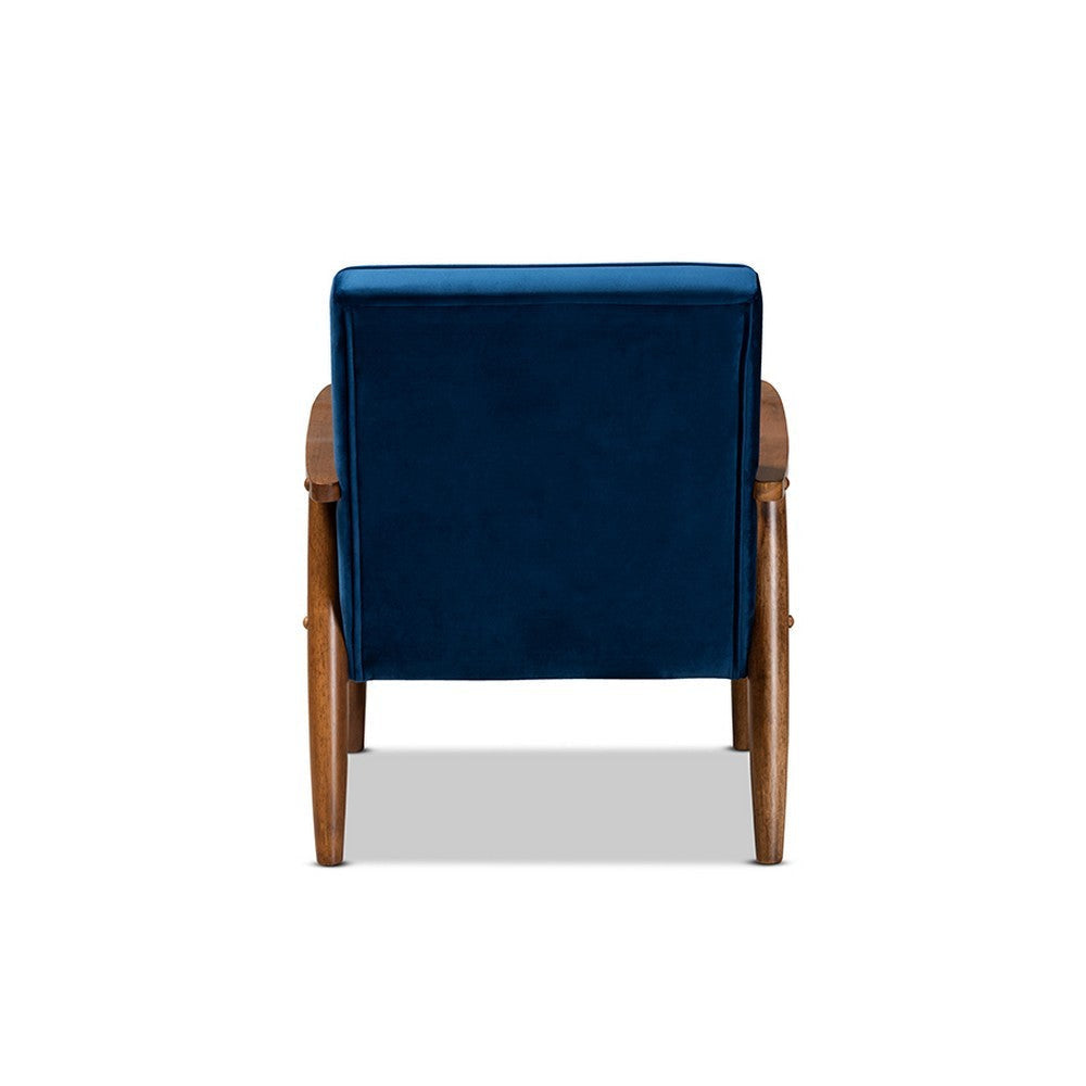 Baxton Studio Sorrento Mid-century Modern Navy Blue Velvet Fabric Upholstered Walnut Finished Wooden Lounge Chair