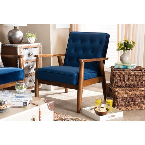 Baxton Studio Sorrento Mid-century Modern Navy Blue Velvet Fabric Upholstered Walnut Finished Wooden Lounge Chair