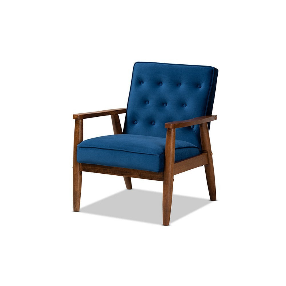 Baxton Studio Sorrento Mid-century Modern Navy Blue Velvet Fabric Upholstered Walnut Finished Wooden Lounge Chair