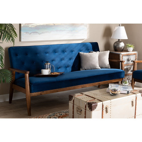 Baxton Studio Sorrento Mid-century Modern Navy Blue Velvet Fabric Upholstered Walnut Finished Wooden 3-seater Sofa