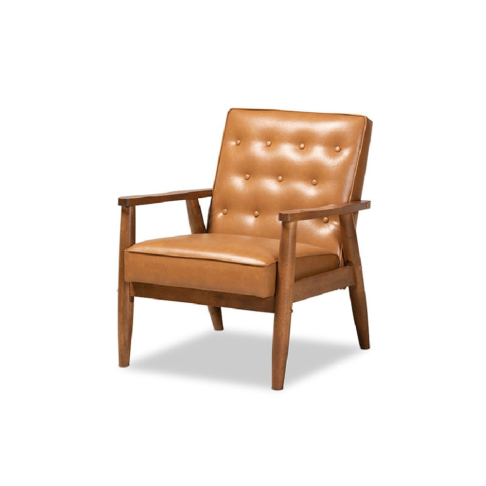 Baxton Studio Sorrento Mid-Century Modern Tan Faux Leather Upholstered and Walnut Brown Finished Wood 3-Piece Living Room Set