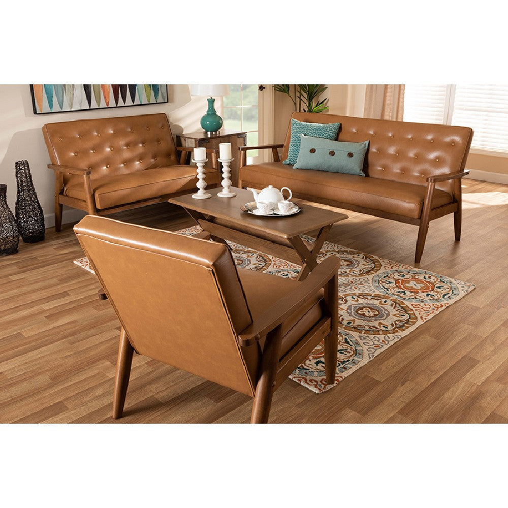 Baxton Studio Sorrento Mid-Century Modern Tan Faux Leather Upholstered and Walnut Brown Finished Wood 3-Piece Living Room Set