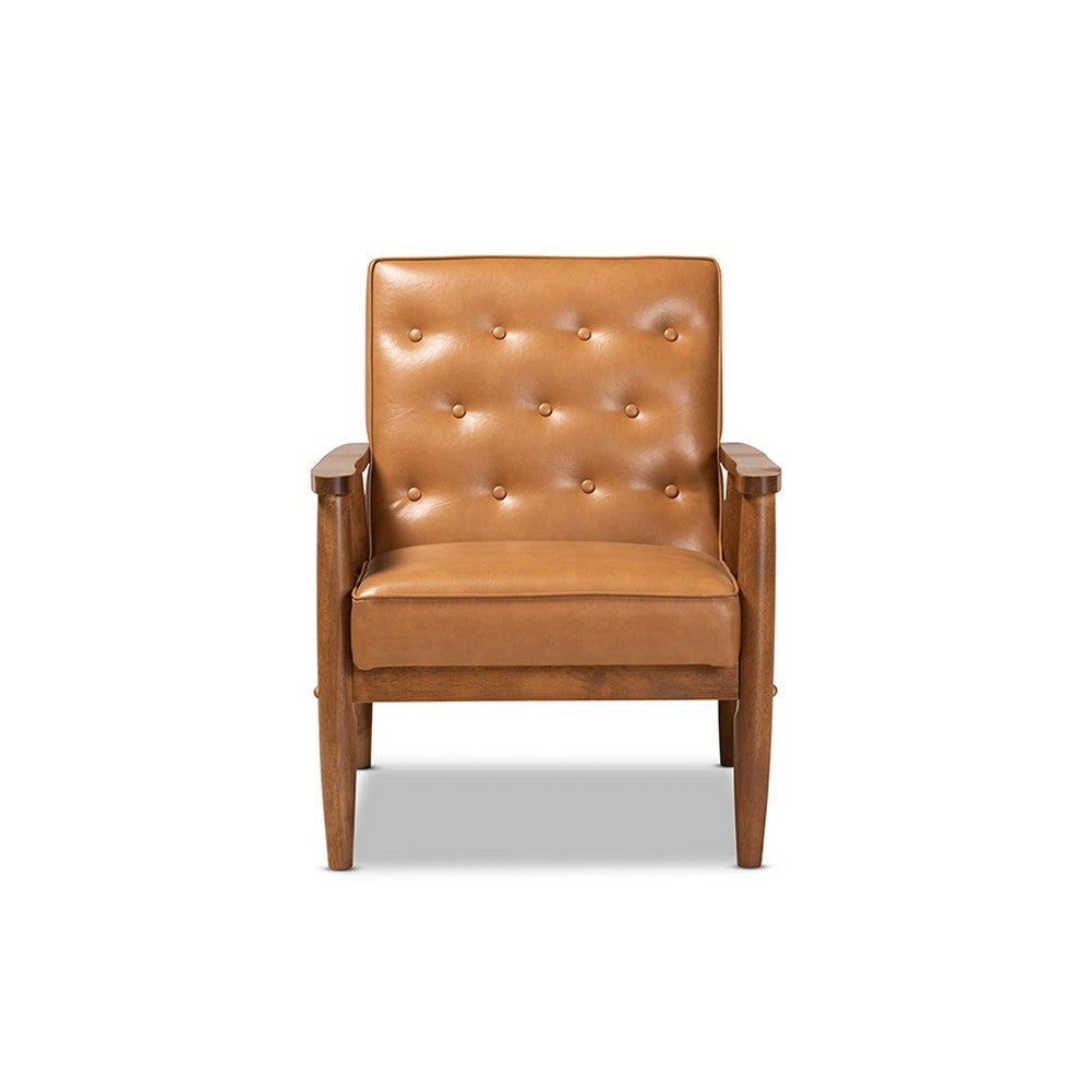 Baxton Studio Sorrento Mid-Century Modern Tan Faux Leather Upholstered and Walnut Brown Finished Wood Lounge Chair WHI-BBT8013-Tan-Chair