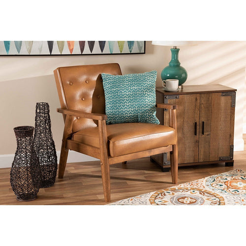 Baxton Studio Sorrento Mid-Century Modern Tan Faux Leather Upholstered and Walnut Brown Finished Wood Lounge Chair