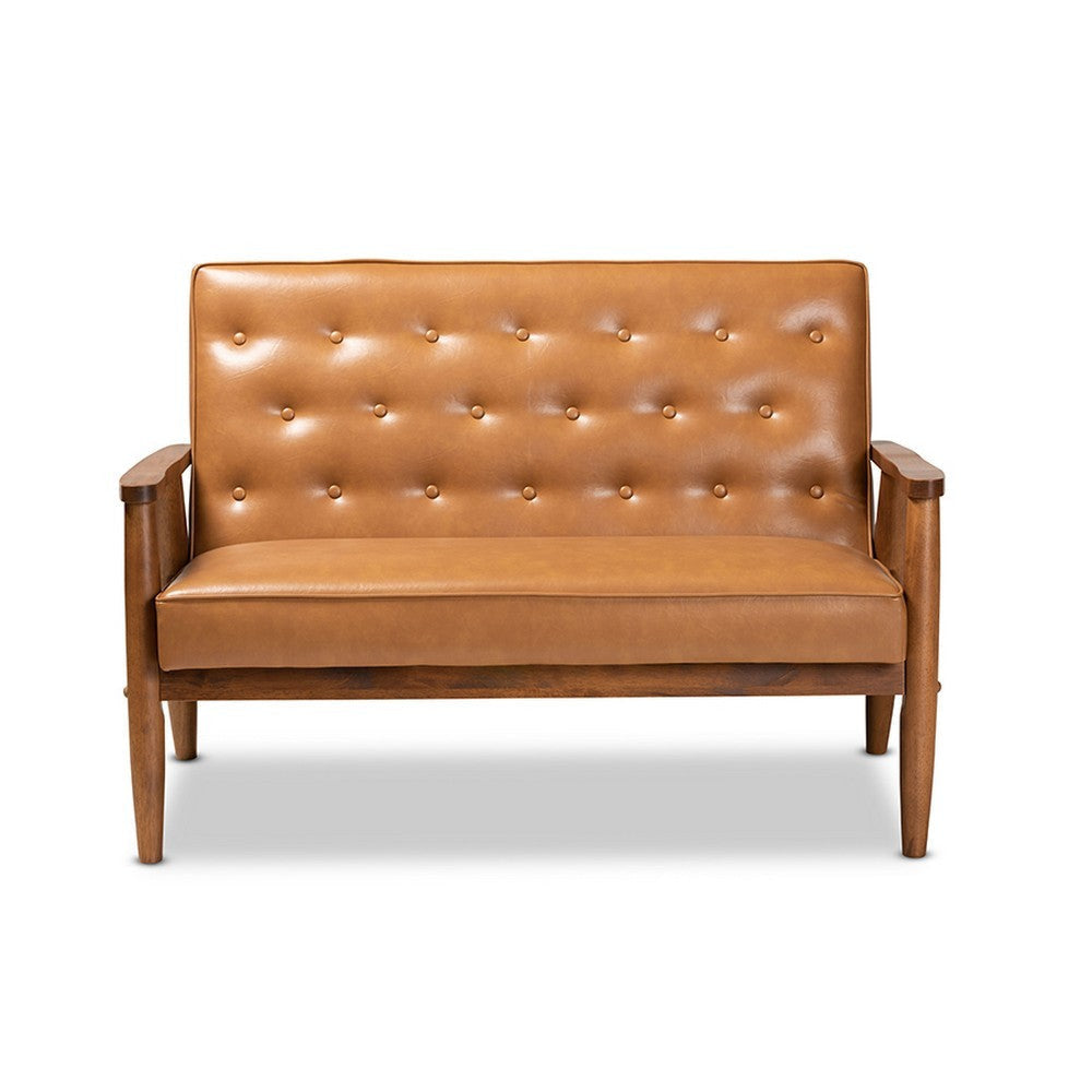 Baxton Studio Sorrento Mid-Century Modern Tan Faux Leather Upholstered and Walnut Brown Finished Wood Loveseat WHI-BBT8013-Tan-Loveseat