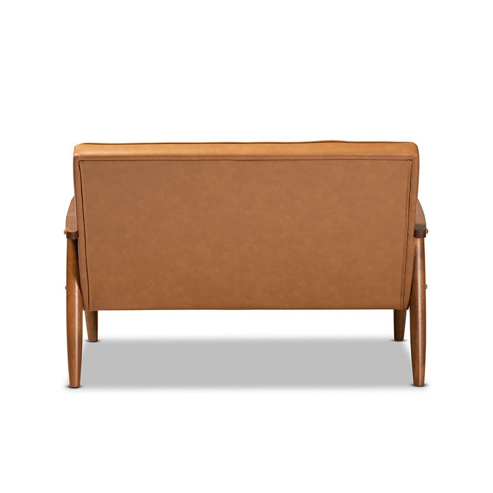 Baxton Studio Sorrento Mid-Century Modern Tan Faux Leather Upholstered and Walnut Brown Finished Wood Loveseat WHI-BBT8013-Tan-Loveseat