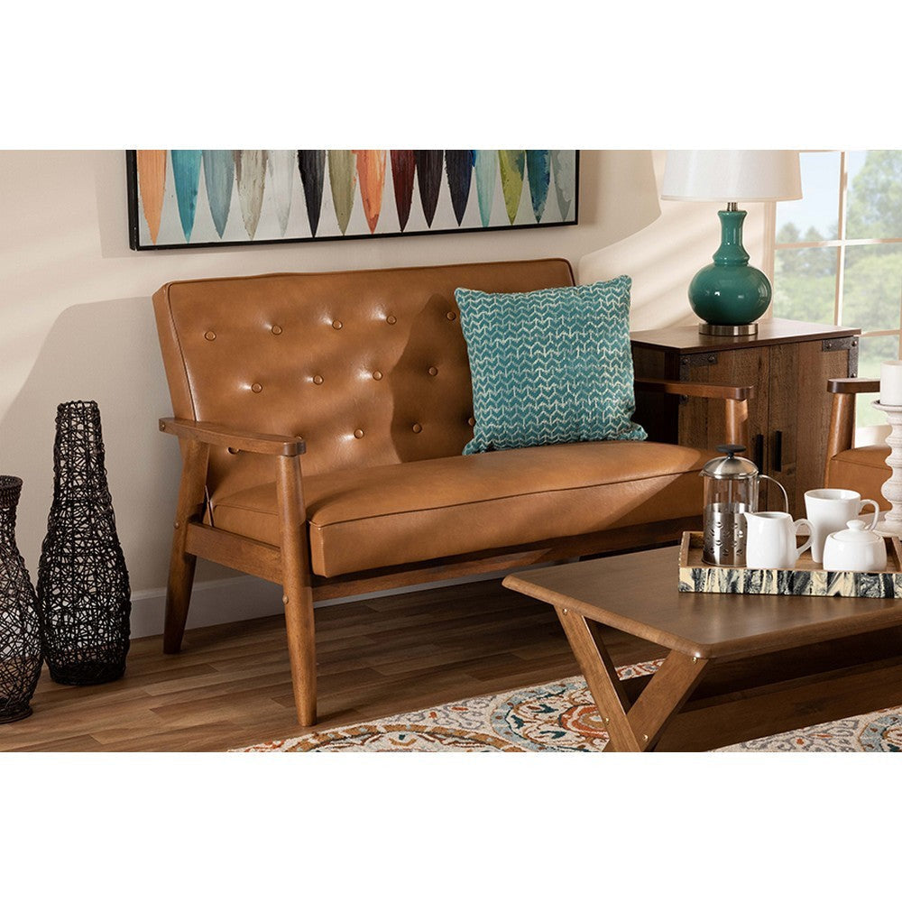 Baxton Studio Sorrento Mid-Century Modern Tan Faux Leather Upholstered and Walnut Brown Finished Wood Loveseat