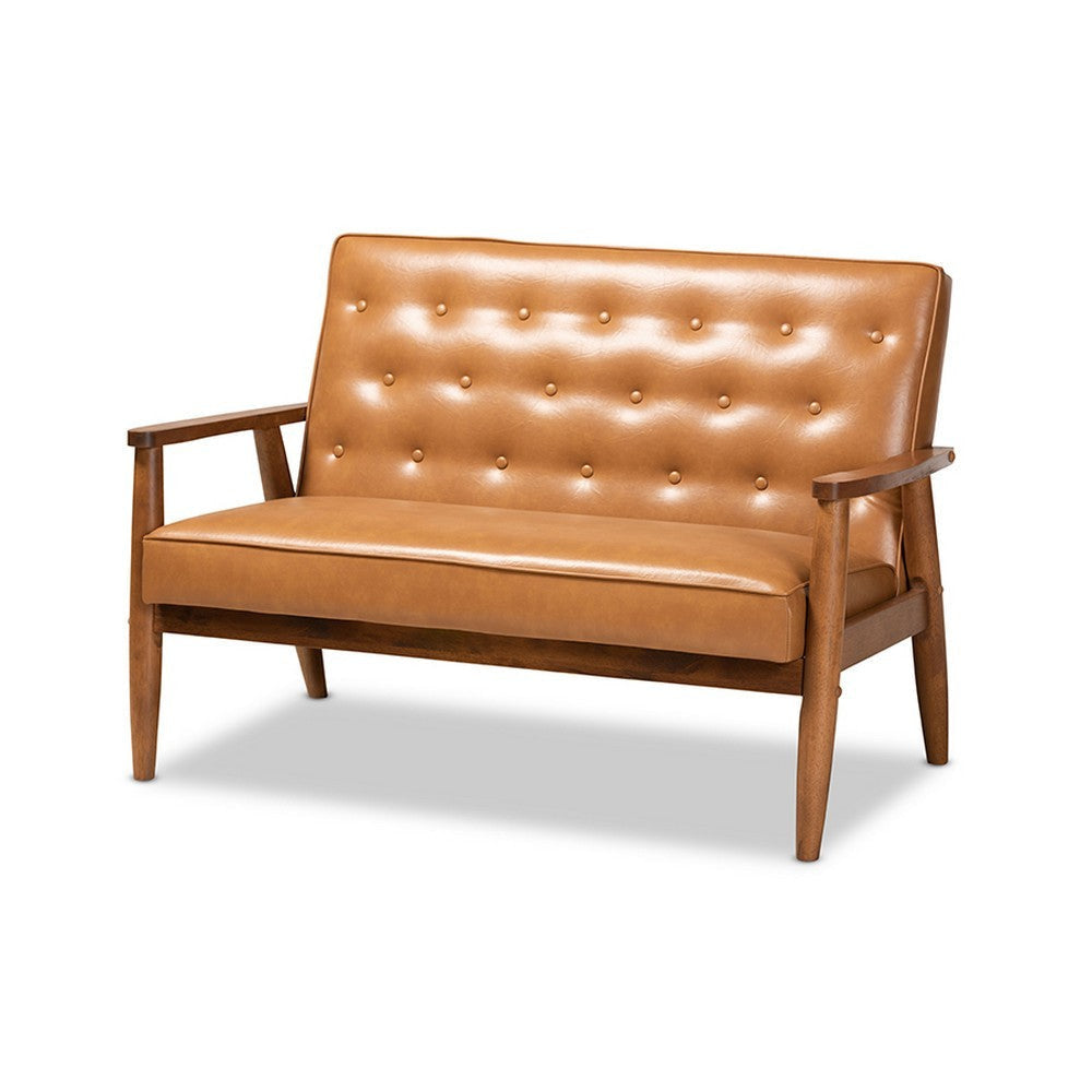 Baxton Studio Sorrento Mid-Century Modern Tan Faux Leather Upholstered and Walnut Brown Finished Wood Loveseat WHI-BBT8013-Tan-Loveseat