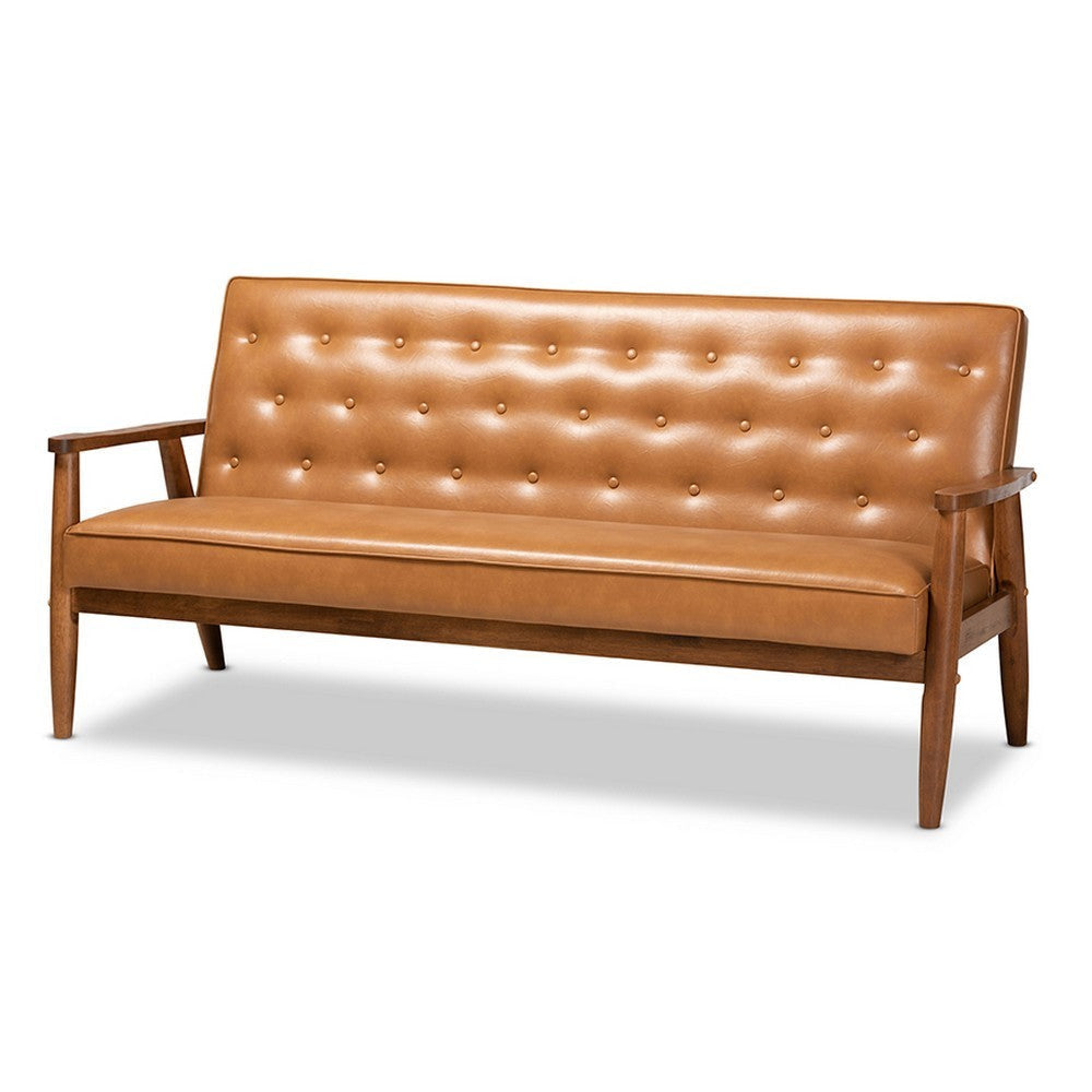 Baxton Studio Sorrento Mid-Century Modern Tan Faux Leather Upholstered and Walnut Brown Finished Wood Sofa WHI-BBT8013-Tan-Sofa