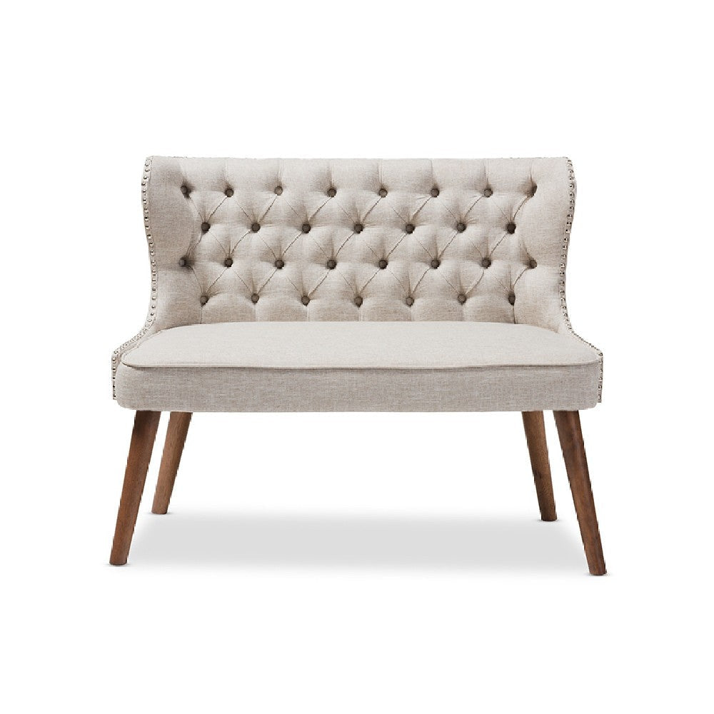 Baxton Studio Scarlett Mid-Century Modern Brown Wood and Light Beige Fabric Upholstered Button-Tufting with Nail Heads Trim 2-Seater