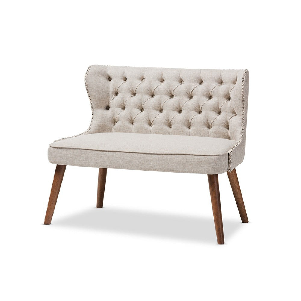 Baxton Studio Scarlett Mid-Century Modern Brown Wood and Light Beige Fabric Upholstered Button-Tufting with Nail Heads Trim 2-Seater