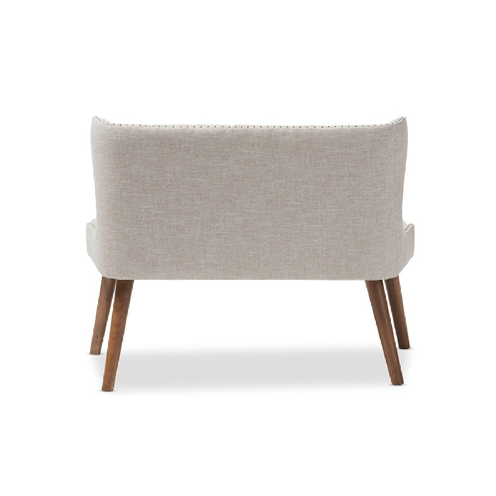 Baxton Studio Scarlett Mid-Century Modern Brown Wood and Light Beige Fabric Upholstered Button-Tufting with Nail Heads Trim 2-Seater