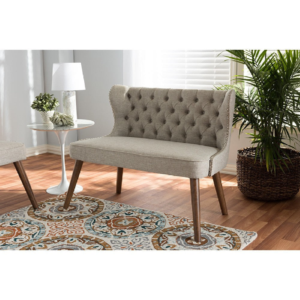 Baxton Studio Scarlett Mid-Century Modern Brown Wood and Light Beige Fabric Upholstered Button-Tufting with Nail Heads Trim 2-Seater