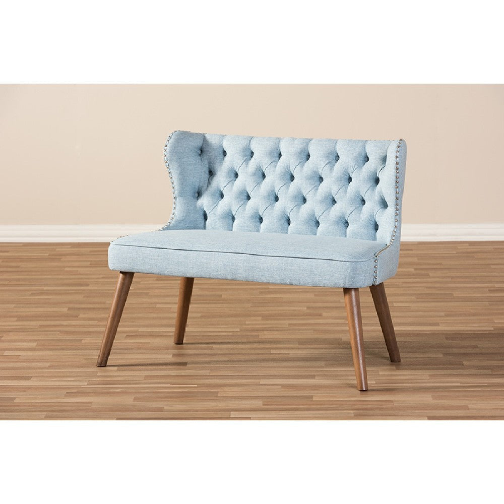 Baxton Studio Scarlett Mid-Century Modern Brown Wood and Light Beige Fabric Upholstered Button-Tufting with Nail Heads Trim 2-Seater Loveseat Settee