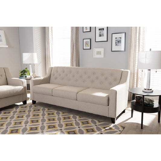 Baxton Studio Arcadia Modern and Contemporary Light Beige Fabric Upholstered Button-Tufted Living Room 3-Seater Sofa