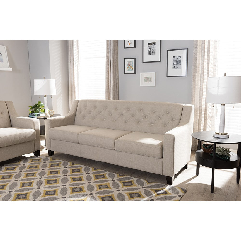 Baxton Studio Arcadia Modern and Contemporary Light Beige Fabric Upholstered Button-Tufted Living Room 3-Seater Sofa