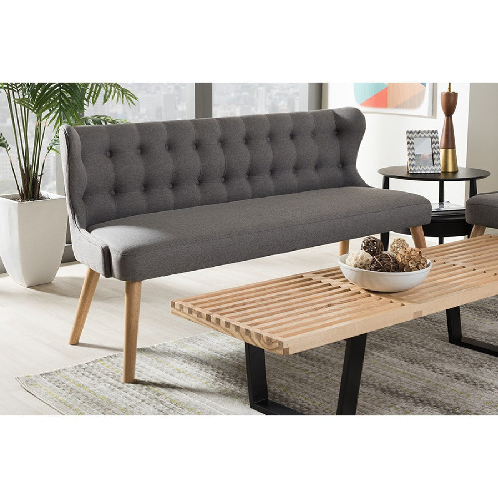 Baxton Studio Melody Mid-Century Modern Grey Fabric and Natural Wood Finishing 3-Seater Settee Bench WHI-BBT8026-SF-Grey-XD45