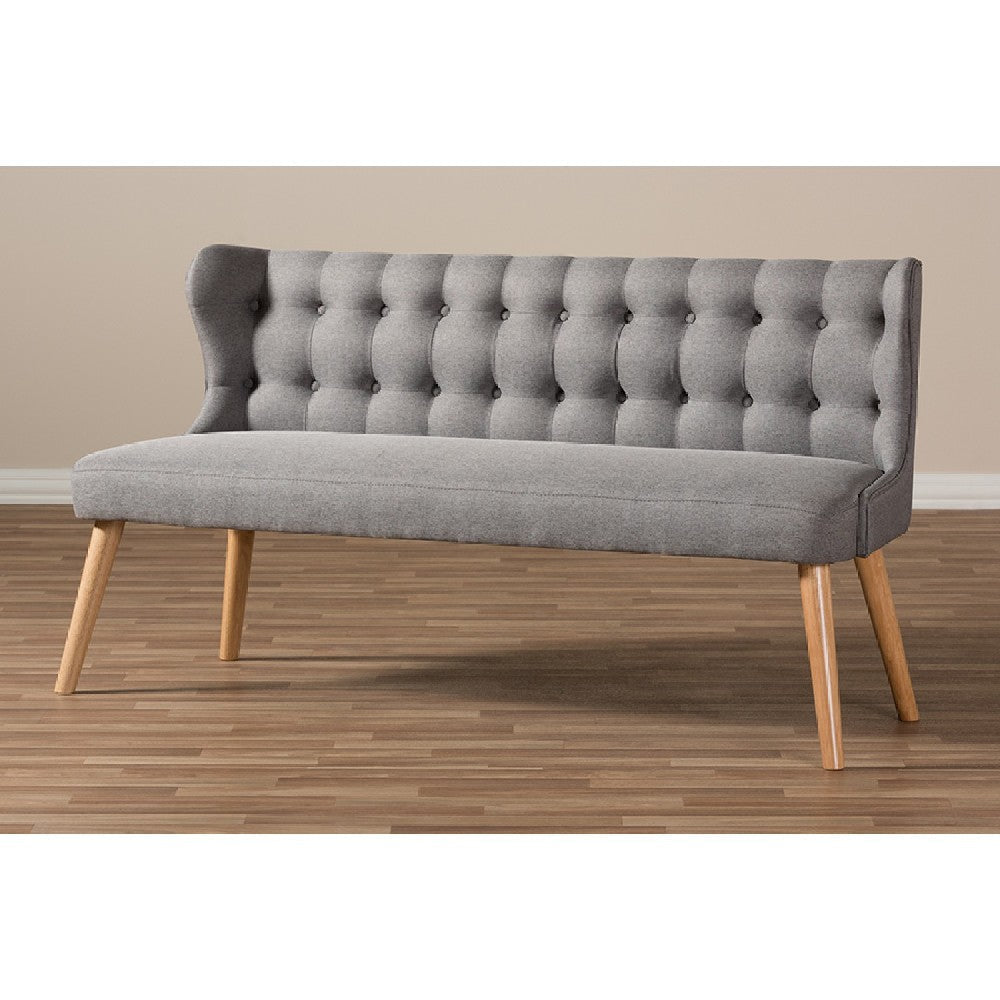 Baxton Studio Melody Mid-Century Modern Grey Fabric and Natural Wood Finishing 3-Seater Settee Bench