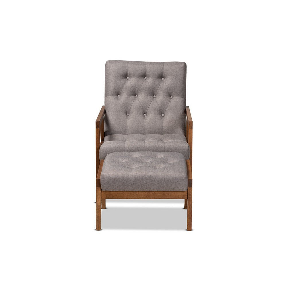 Baxton Studio Naeva Mid-Century Modern Grey Fabric Upholstered Walnut Finished Wood 2-Piece Armchair and Footstool Set