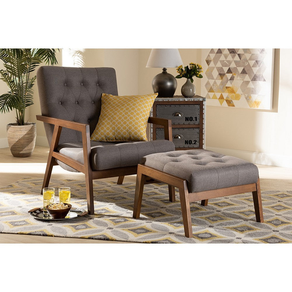 Baxton Studio Naeva Mid-Century Modern Grey Fabric Upholstered Walnut Finished Wood 2-Piece Armchair and Footstool Set
