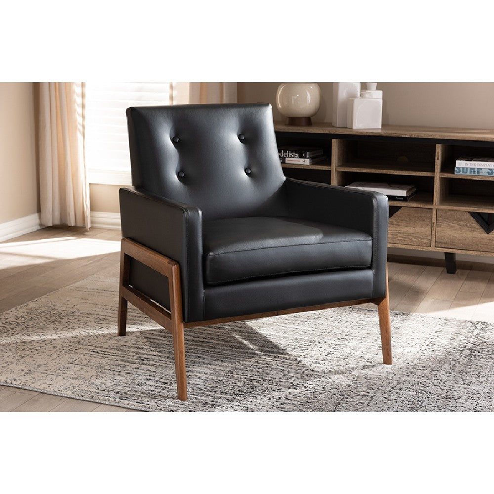 Baxton Studio Perris Mid-Century Modern Black Faux Leather Upholstered Walnut Wood Lounge Chair