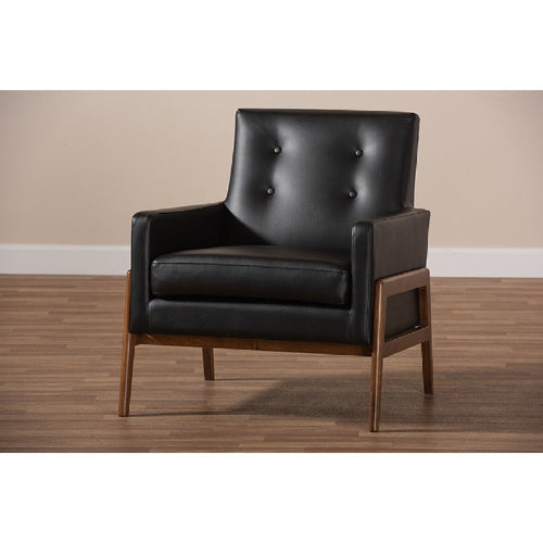 Baxton Studio Perris Mid-Century Modern Black Faux Leather Upholstered Walnut Wood Lounge Chair