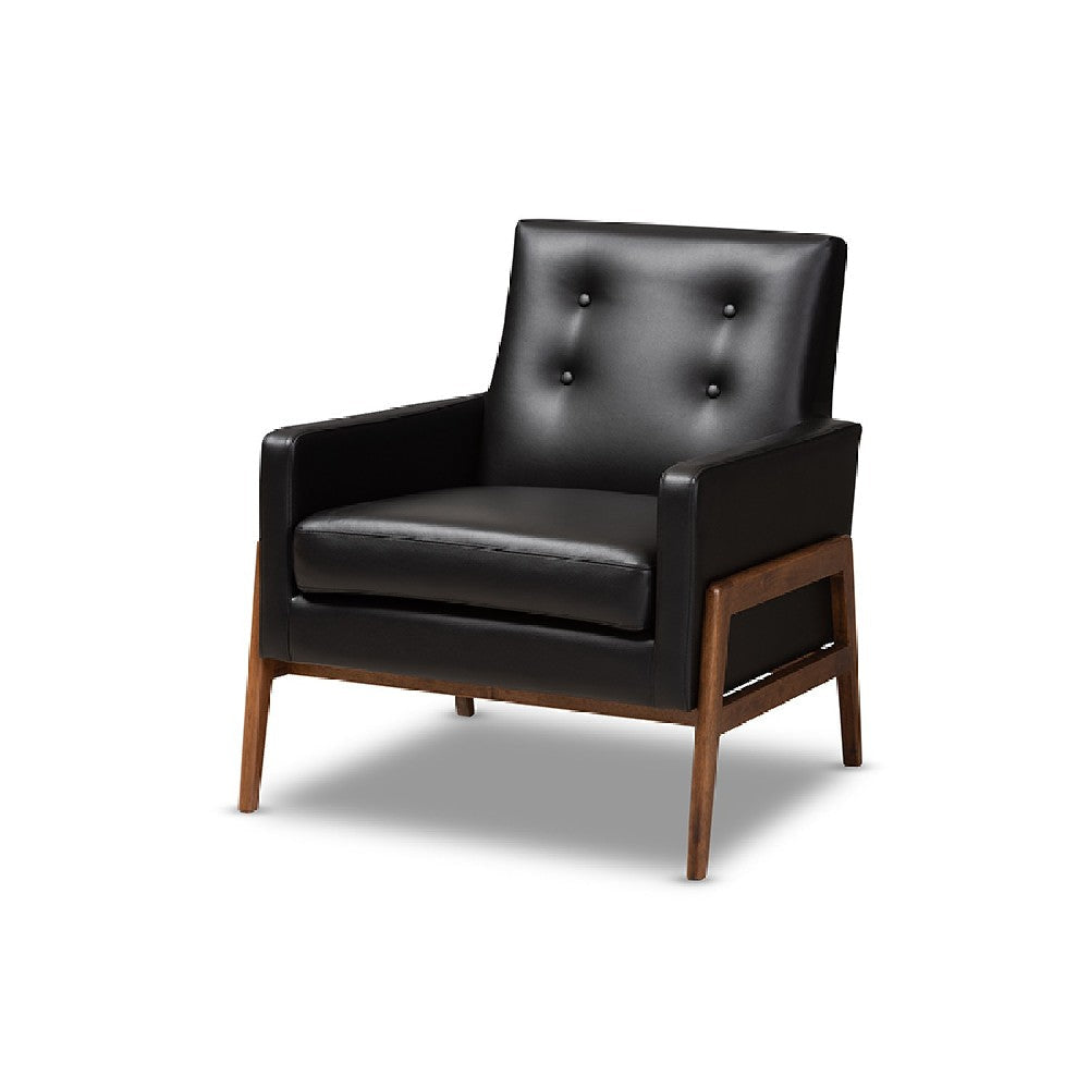 Baxton Studio Perris Mid-Century Modern Black Faux Leather Upholstered Walnut Wood Lounge Chair