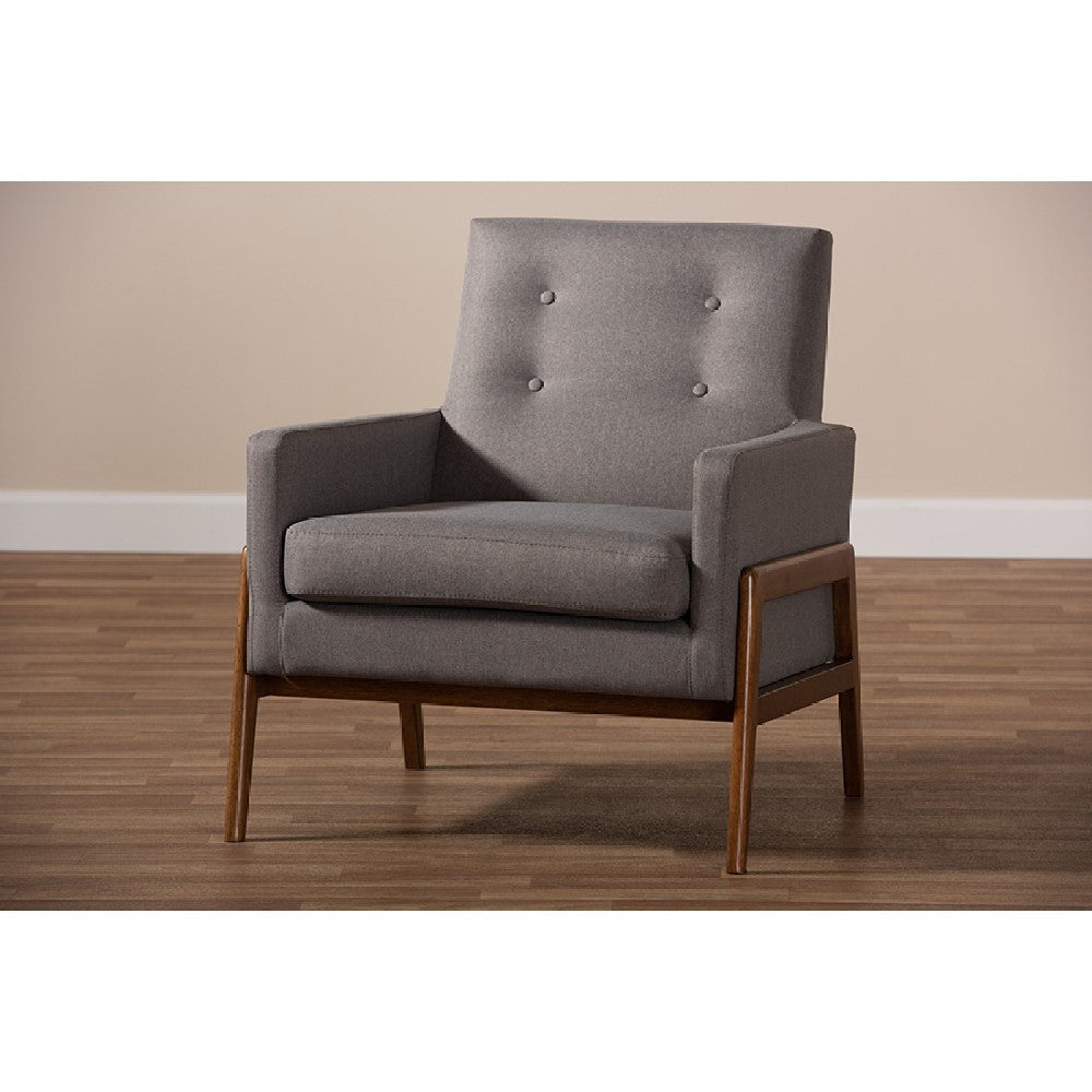 Baxton Studio Perris Mid-Century Modern Grey Fabric Upholstered Walnut Wood Lounge Chair