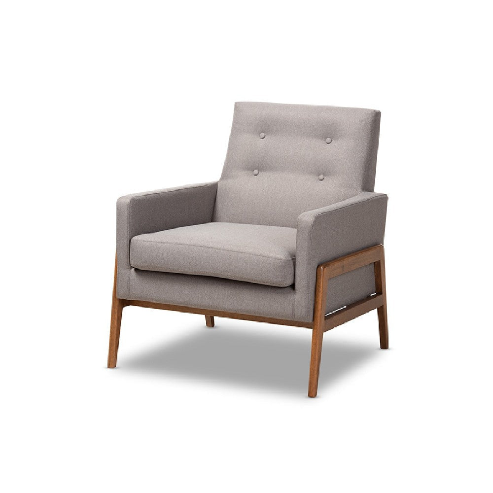 Baxton Studio Perris Mid-Century Modern Grey Fabric Upholstered Walnut Wood Lounge Chair