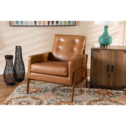 Baxton Studio Perris Mid-Century Modern Tan Faux Leather Upholstered and Walnut Brown Finished Wood Lounge Chair
