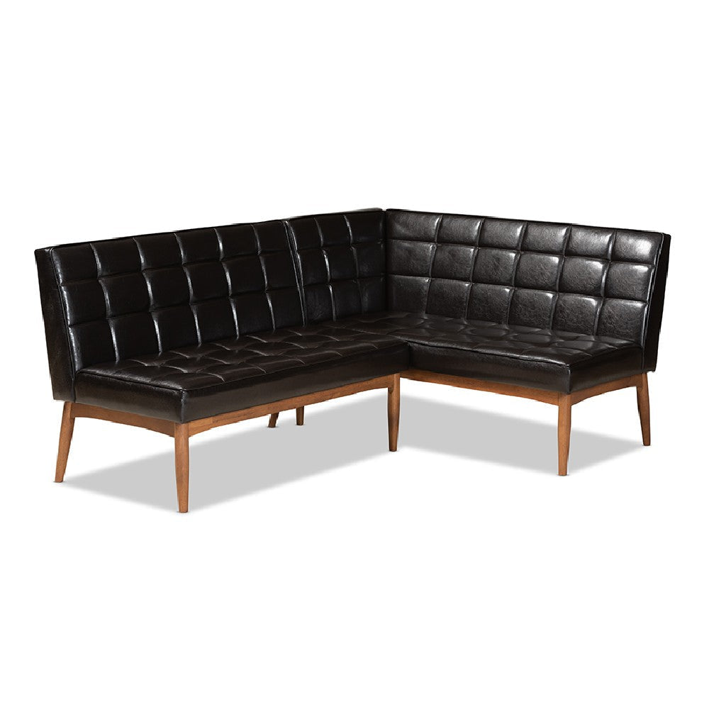 Baxton Studio Sanford Mid-Century Modern Dark Brown Faux Leather Upholstered and Walnut Brown Finished Wood 2-Piece Dining Nook Banquette