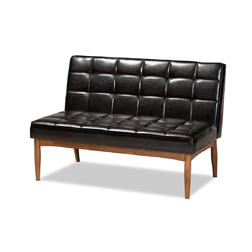 Baxton Studio Sanford Mid-Century Modern Dark Brown Faux Leather Upholstered and Walnut Brown Finished Wood 2-Piece Dining Nook Banquette