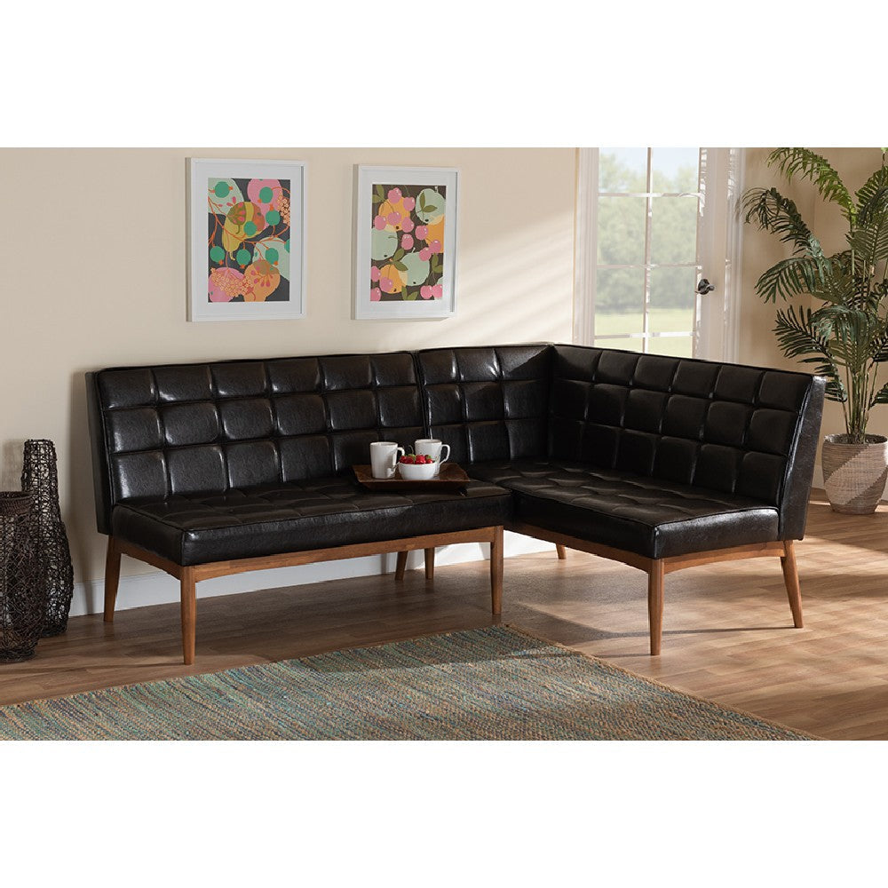 Baxton Studio Sanford Mid-Century Modern Dark Brown Faux Leather Upholstered and Walnut Brown Finished Wood 2-Piece Dining Nook Banquette