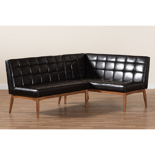 Baxton Studio Sanford Mid-Century Modern Dark Brown Faux Leather Upholstered and Walnut Brown Finished Wood 2-Piece Dining Nook Banquette Set