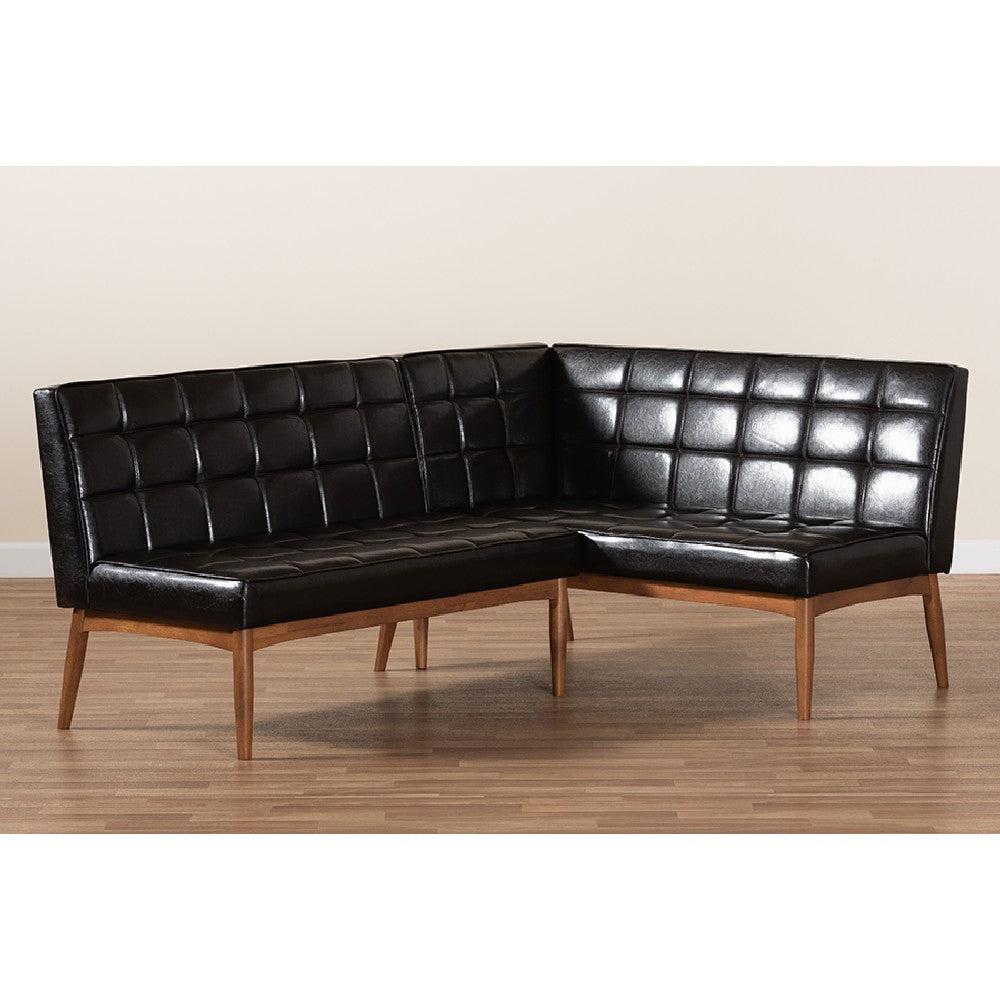 Baxton Studio Sanford Mid-Century Modern Dark Brown Faux Leather Upholstered and Walnut Brown Finished Wood 2-Piece Dining Nook Banquette Set