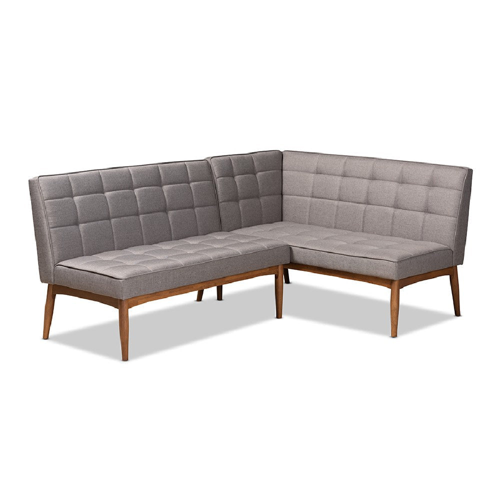 Baxton Studio Sanford Mid-Century Modern Grey Fabric Upholstered and Walnut Brown Finished Wood 2-Piece Dining Nook Banquette Set