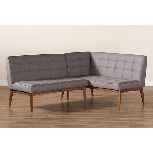 Baxton Studio Sanford Mid-Century Modern Grey Fabric Upholstered and Walnut Brown Finished Wood 2-Piece Dining Nook Banquette Set