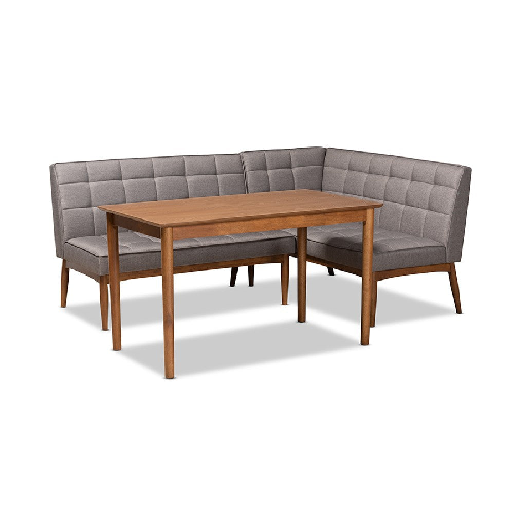 Baxton Studio Sanford Mid-Century Modern Grey Fabric Upholstered and Walnut Brown Finished Wood 3-Piece Dining Nook Set