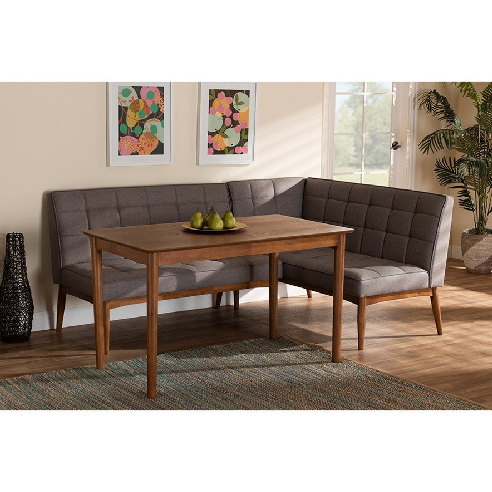 Baxton Studio Sanford Mid-Century Modern Grey Fabric Upholstered and Walnut Brown Finished Wood 3-Piece Dining Nook Set